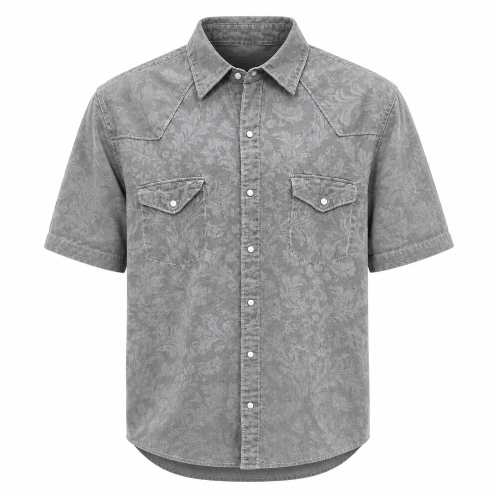 Ryan Michael Men XL Silk Cotton Gray Damask Paisley Western Pearl Snap Shirt SS